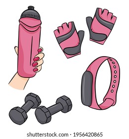 Vector set of fitness accessories in cartoon style. Vector illustration isolated on a white background.
