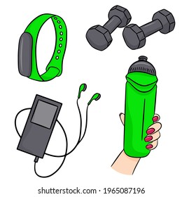 Vector set of fitness accessories in cartoon style. Vector illustration isolated on a white background.