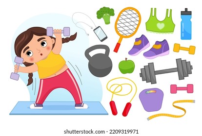 Vector set of fitness accessories. Cartoon illustration of a cute girl exercising with dumbbells.