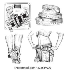Vector set of Fitness bodybuilding and diet sport exercise sketch
