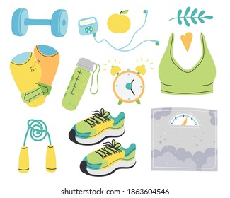 Sport Equipment Set. Gym Accessories, Training Items, Workout