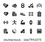Vector set of fitness flat icons. Contains icons gym, nutrition, cardio exercises, sports supplements, yoga, sleep, workout and more. Pixel perfect.