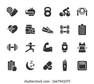 Vector Set Of Fitness Flat Icons. Contains Icons Gym, Nutrition, Cardio Exercises, Sports Supplements, Yoga, Sleep, Workout And More. Pixel Perfect.