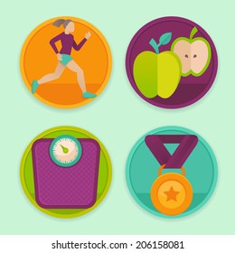 Vector set of fitness icons and achievement  badges in flat style - healthy lifestyle and dieting