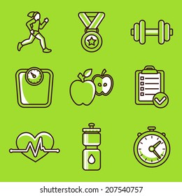 Vector set of fitness icons and achievement badges in flat outline style - healthy lifestyle and dieting