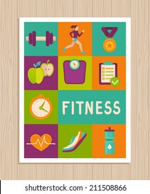Vector set of fitness icons and achievement  badges in flat style - healthy lifestyle and dieting