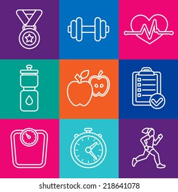 Vector set of fitness icons and achievement badges in flat outline style - healthy lifestyle and dieting