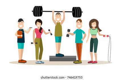 Vector set of fitness people exercising with gym equipment dumbbells, barbell, jump rope and personal trainer male. Gym people flat style design elements, icons isolated on white background.