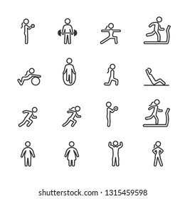 Vector Set Of Fitness People Line Icons.