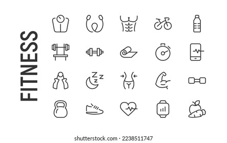 Vector set of fitness thin line icons. Design of 20 stroke pictograms. Signs of fitness isolated on a white background.