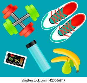Vector  set of fitness tools, fitness elements.Running shoes, dumbbells, heart rate monitor,and healthy food.