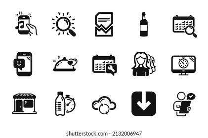 Vektorset von Fitness-Wasser, Brandy-Flasche und Musik-Telefon-Symbole einfache Set. Seo Timer, Search Kalender und Market Icons. Cloud Sync, Smile und Romantic Dinner Schilder. Vektorgrafik
