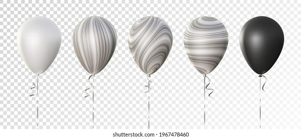 Vector set of five 3d realistic matt air balloons. Pearl white, with abstract black and white marbled agate texture, onyx black. Good for Birthday, anniversary, New Year, wedding, graduation designs