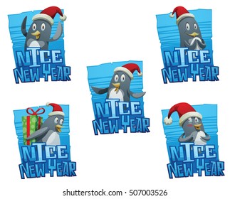 Vector set of five blue ice emblems with cartoon images of funny penguins in red Santa hats with green gifts in the wings, with different actions on a white background. Inscription "Nice New Year".