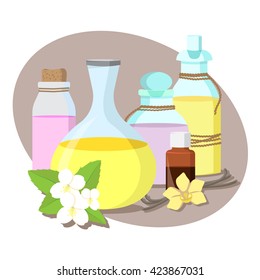 vector set of five bottles with essential oils for aromatherapy / jasmine and vanilla flowers