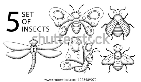 Vector Set Five Cartoon Black White Stock Vector Royalty Free