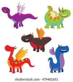 Vector set of five cartoon images of funny dragons of different colors and forms in different poses on a white background. Positive character. Vector illustration of a dragon.