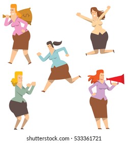 Vector set of five cartoon images of rounded business women in different clothes, with different actions and emotions on a white background. Geometric business woman. Vector business illustration.