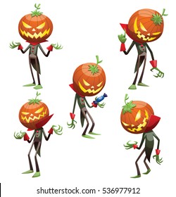 Vector set of five cartoon images of Jack O' Lantern with orange pumpkin instead of a head, in a green-black tail coat, with different actions and emotions on a white background. Halloween. 