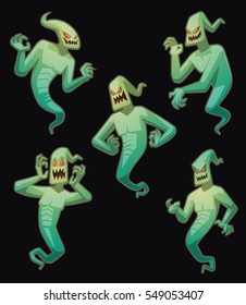 Vector set of five cartoon images of funny light green ghosts with red eyes, with different actions and emotions on a black background. Halloween. Spirit, fear, terror. Vector illustration.