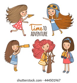 Vector set of five characters. Girls the Explorer drawn by hand in cartoon style.