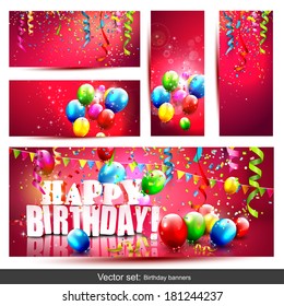 Vector set of five colorful birthday banners with confetti and balloons