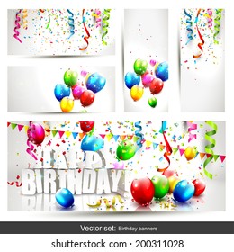 Vector set of five colorful birthday banners with confetti and balloons 