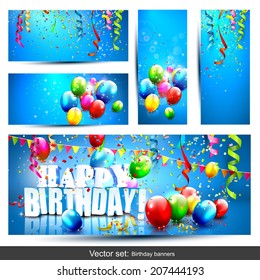 Vector set of five colorful birthday banners with confetti and balloons 