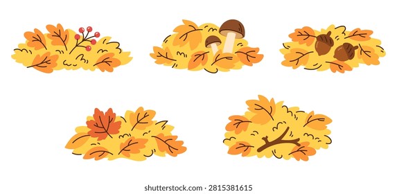 Vector set of five cozy autumn leaf piles. Includes piles with vibrant yellow and orange foliage, red berries, mushrooms, acorns, and a small twig. Soft minimalist flat design for seasonal designs, scrapbooking, and forest concepts