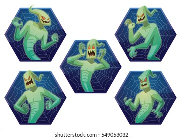 Vector set of five dark blue hexagonal frames with spider web and with cartoon images of funny light green ghosts with red eyes, with different actions and emotions on a white background. Halloween