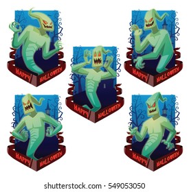 Vector set of five dark blue cards "Happy Halloween" with cemetery, banner and with cartoon images of funny light green ghosts with red eyes, with different actions and emotions on a white background.