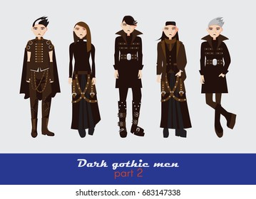 Vector set with five dark gothic young men. Guys standing and watching at spectator. Dark clothes in goth style isolated on background. 