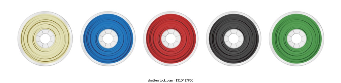 Vector set of five filaments for 3D printing wound on spools. Plastic material pla, abs, petg, pc or asa in several color variants – natural white, blue, red, black and green isolated on white.