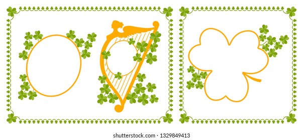 Vector set of five frames in different shapes with harp and shamrocks isolated on white background. Modern decorative elements for Saint Patrick's Day designs.