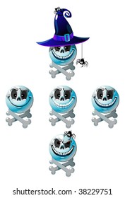 Vector set of five fun smileys-skulls and crossbones for Halloween cards.