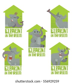 Vector set of five green emblems in the form of a silhouette of house with cartoon images of funny gray elephants with different actions and emotions in the center on a white background. Zoo. 