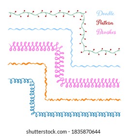 Vector set of five hand drawn brushes with corner tiles. Seamless pattern of different colors for frames, borders and design elements. Vector isolated illustration. Brushes are included in eps.
