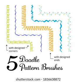 Vector set of five hand drawn brushes with corner tiles. Seamless pattern of different colors for frames, borders and design elements. Vector isolated illustration. Brushes are included in eps.