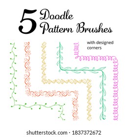 Vector set of five hand drawn brushes with corner tiles. Seamless pattern of different colors for frames, borders and design elements. Vector isolated illustration. Brushes are included in eps.
