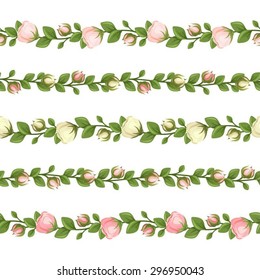 Vector set of five horizontal seamless garlands with pink and white flowers and green leaves on a white background.