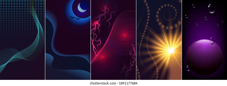 vector set of five luxury dark abstract backgrounds for smartphone screens. overlapping circles, shapes with wavy edges, thin lines, silhouettes of flying birds, the moon, transparent drops. vector
