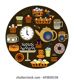 Vector set of five o'clock tea time elements. Teapot, cups, sweets, cakes, pastry, donut, chocolate.