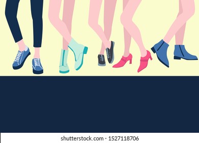 Vector set of five pairs of female legs in the shoes stylish footwear Flat design.