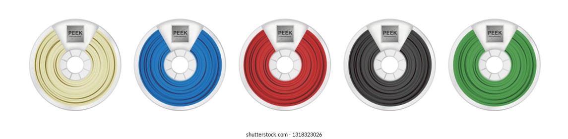 Vector set of five peek filaments for 3D printing wounded on the spool. Plastic material Polyether ether ketone in several color variants – natural white, blue, red, black and green isolated on white.