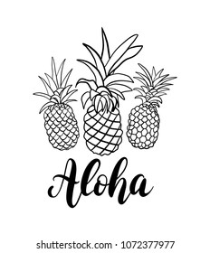 Vector set of five pineapple fruit. Tropical summer vacation collection. Design for print. Black and white illustration