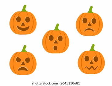 Conjunto vetorial de cinco rostos de abóbora com emoções diferentes. Halloween temático jack-o'-lanternas mostrando expressões felizes, tristes, com raiva, assustadas e surpresas. Adequado para atividades infantis