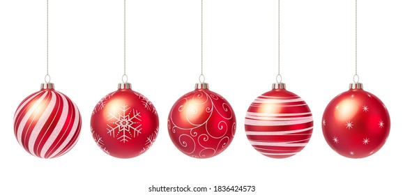 Vector set of five red Christmas balls covered with ornaments.