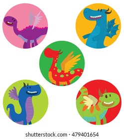 Vector set of five round frames with cartoon images of funny dragons of different colors and forms in different poses on a white background. Positive character. Vector illustration of a dragon.