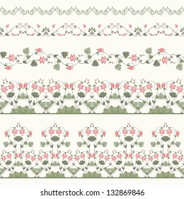 Vector set of five seamless borders. Aquilegia plants contain  flowers, buds and leaves. Make your floral designs.