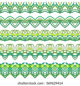 Vector set of five seamless floral borders isolated on white background. Twisted stems and buds of Tradescantia. Perfect for greetings, invitations, announcement, web design.  
